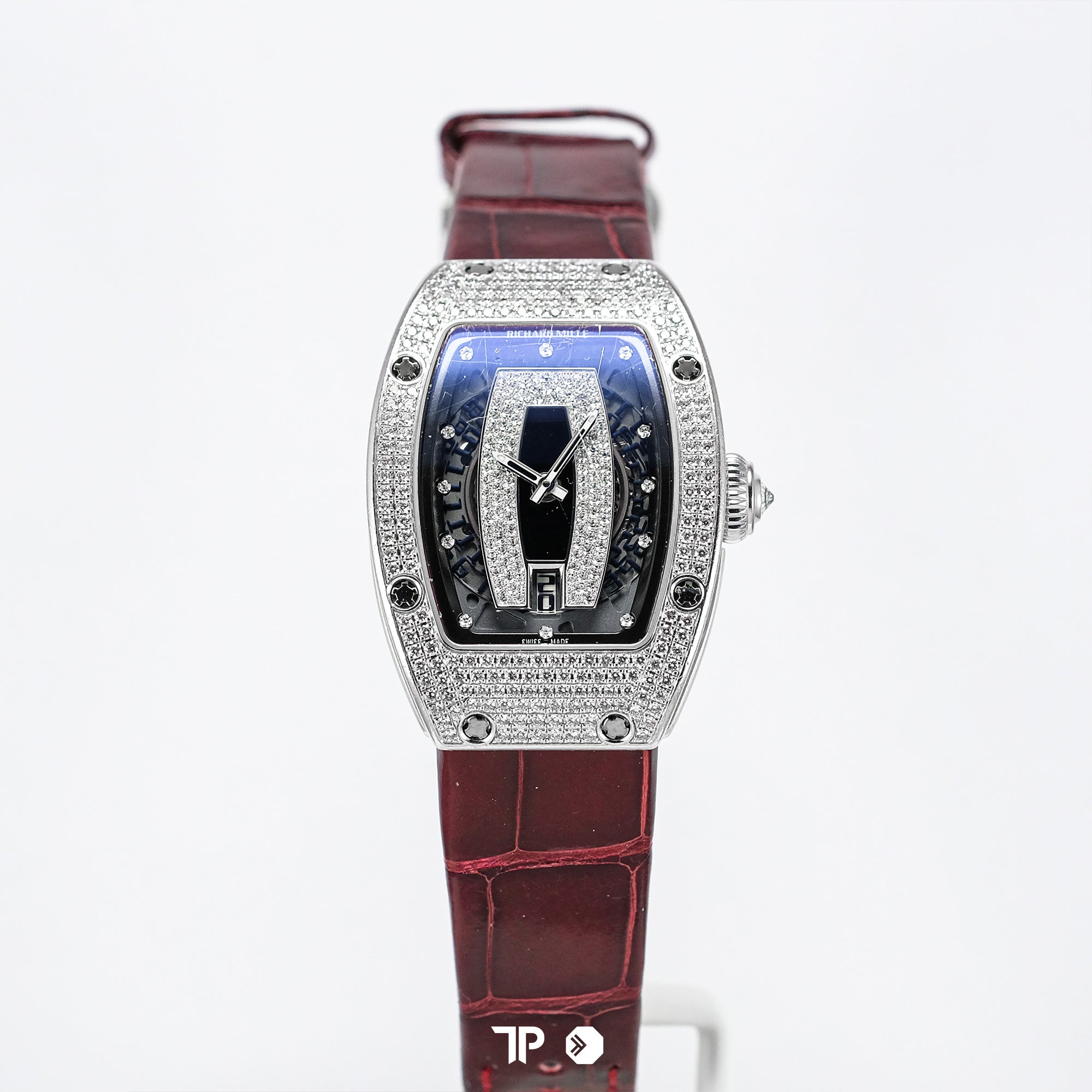 RM007 White Gold Diamond Black Dial Red Leather