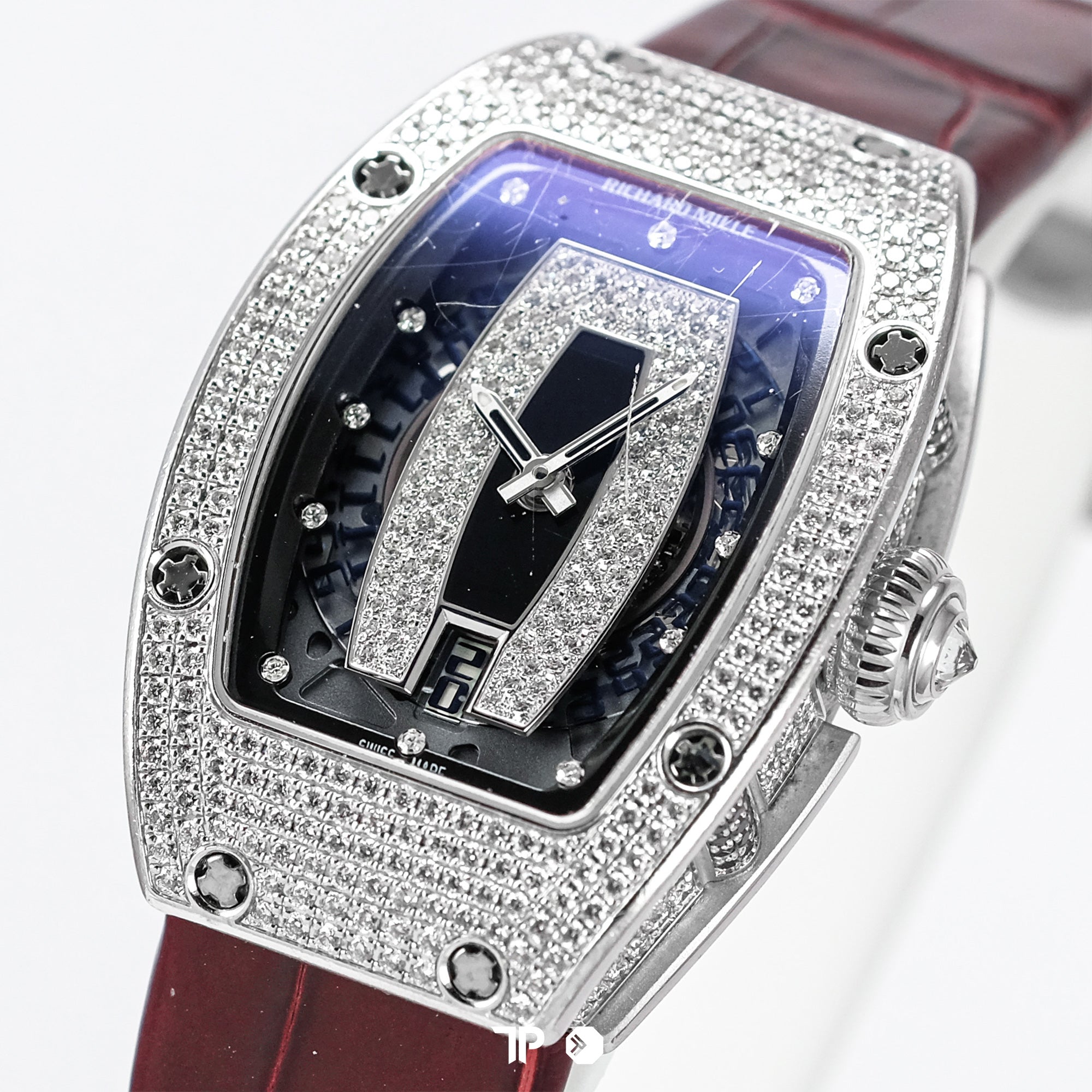 RM007 White Gold Diamond Black Dial Red Leather
