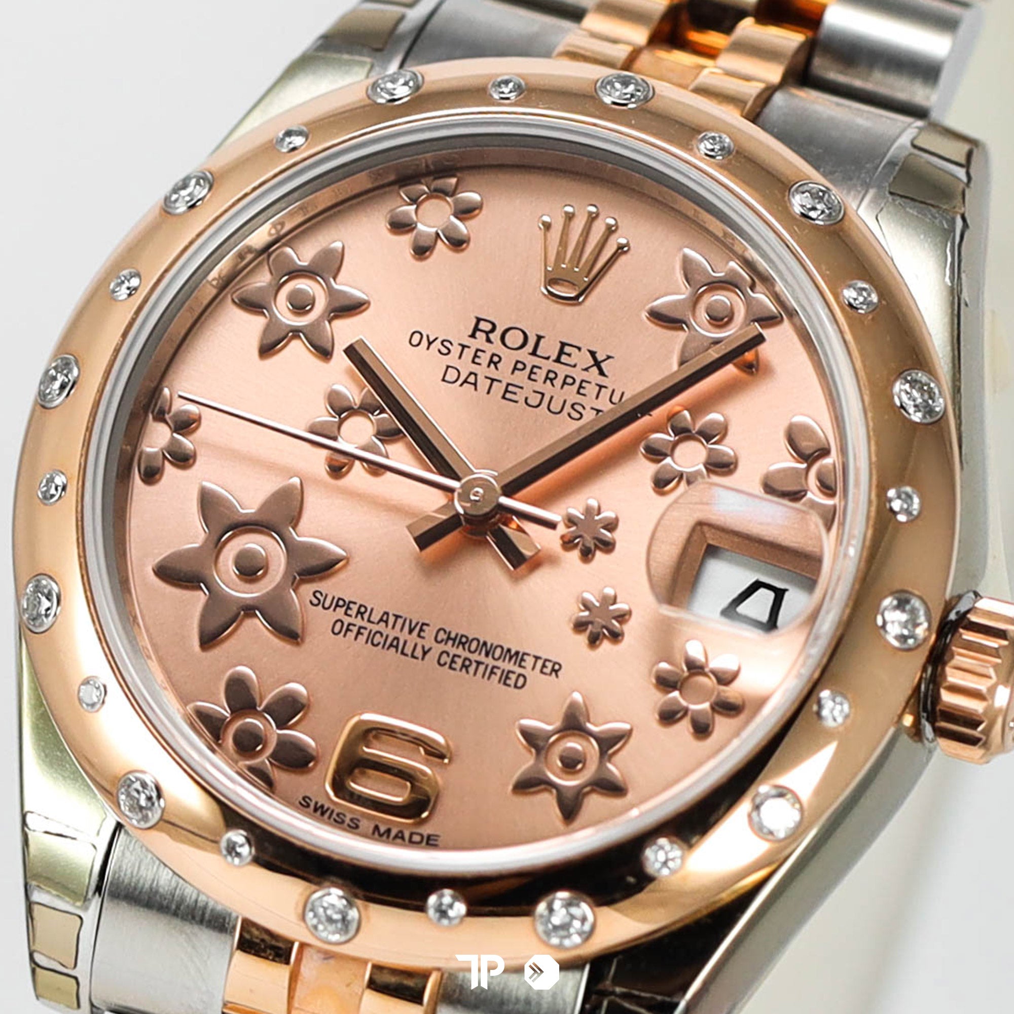 Datejust 31 Pink Raised Floral Motif Dial Diamond Bezel 18K Rose Gold Two Tone Jubilee (2011)