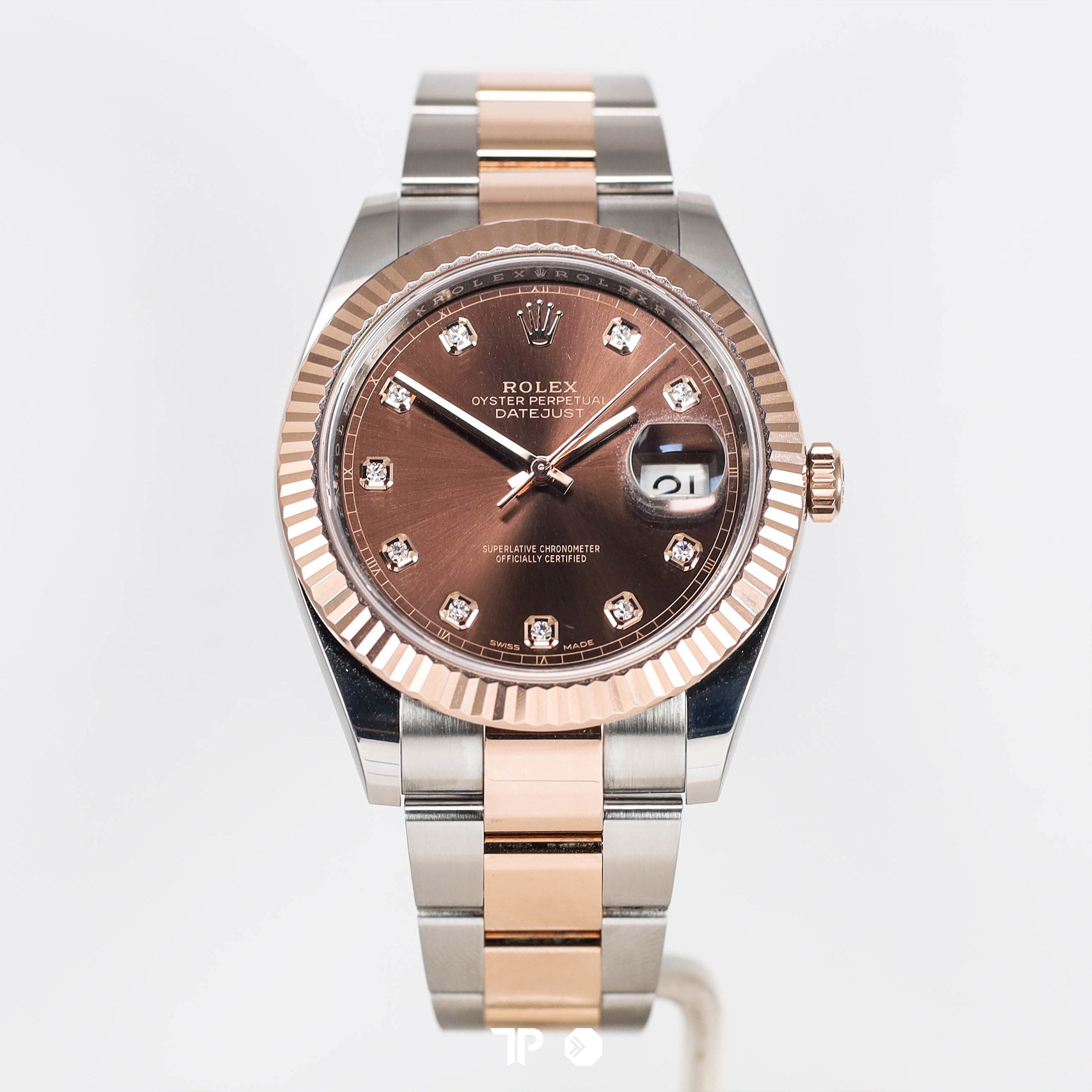 Datejust 41 Choco Dial Two Tone Rose Gold Fluted Bezel Diamond Index (2018)