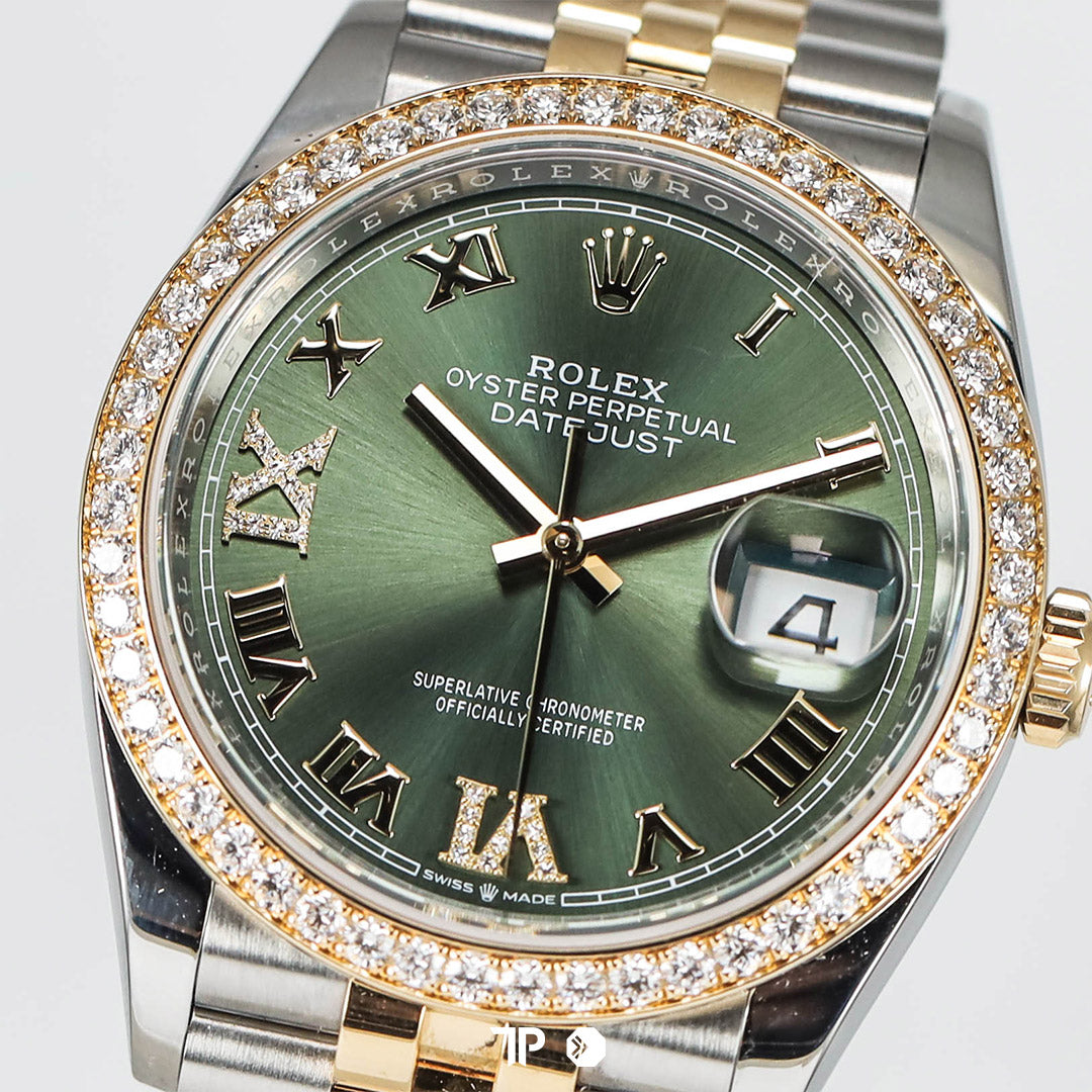 Datejust 36 RBR Twotone Yellow Gold Green Diamond on VI & IX Roman Dial (2023)