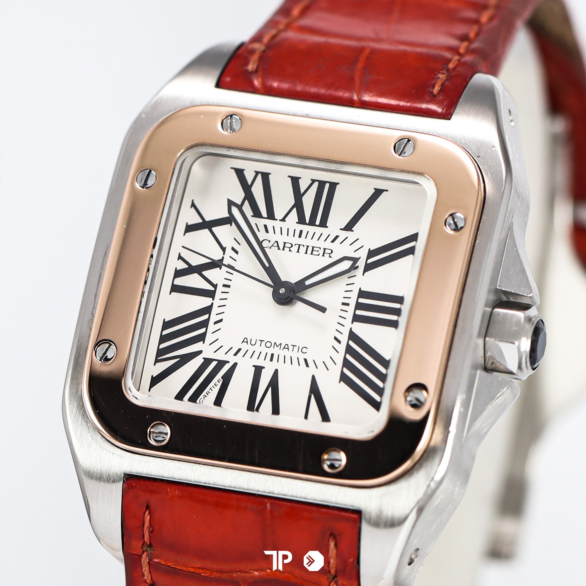 Santos 100 Twotone Rosegold Midsize Silver Dial