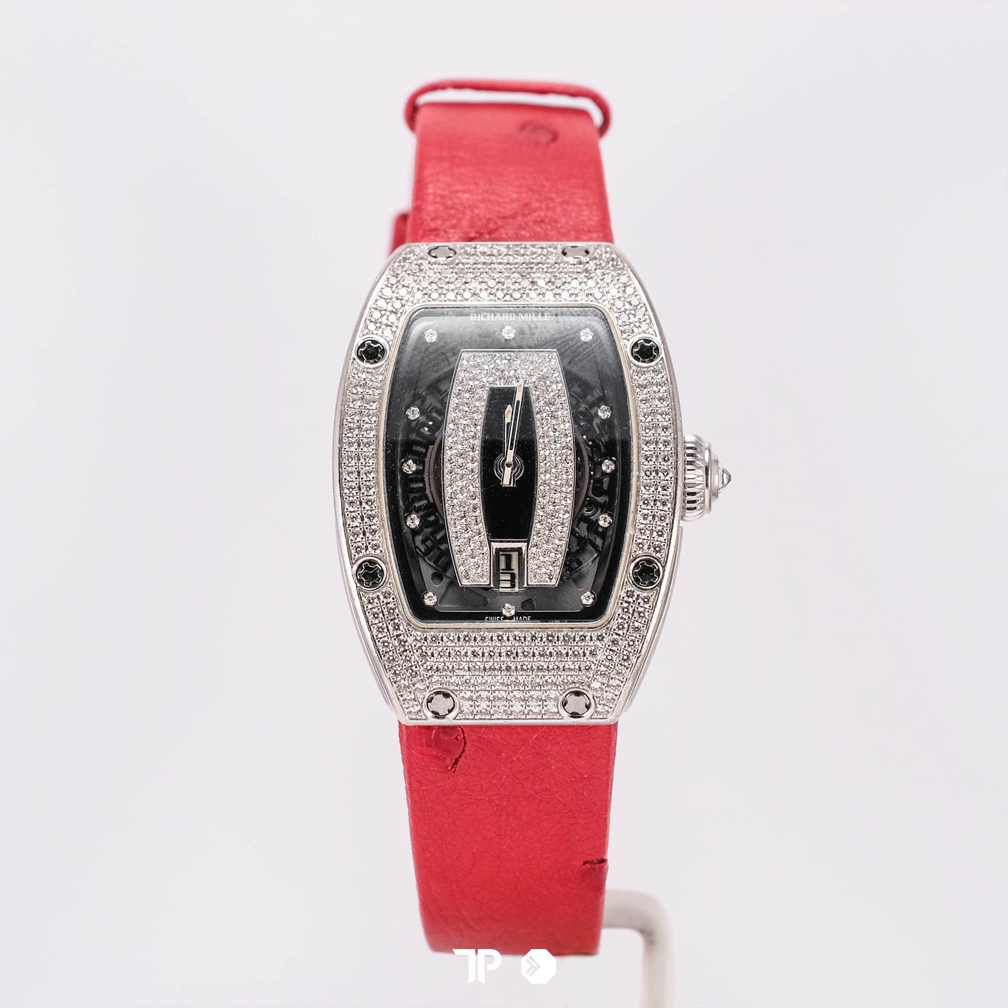 RM007 White Gold Diamond Black Dial Red Leather