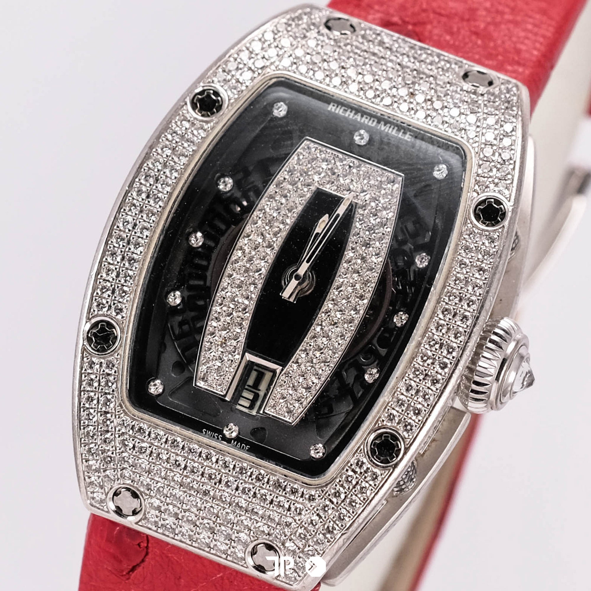 RM007 White Gold Diamond Black Dial Red Leather