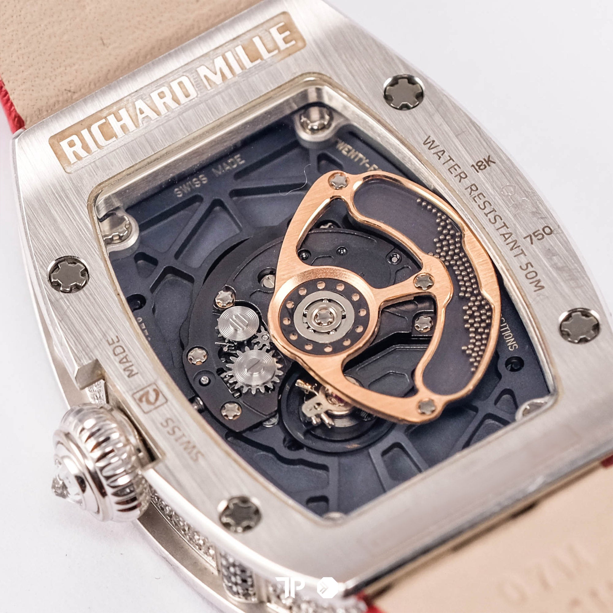 RM007 White Gold Diamond Black Dial Red Leather