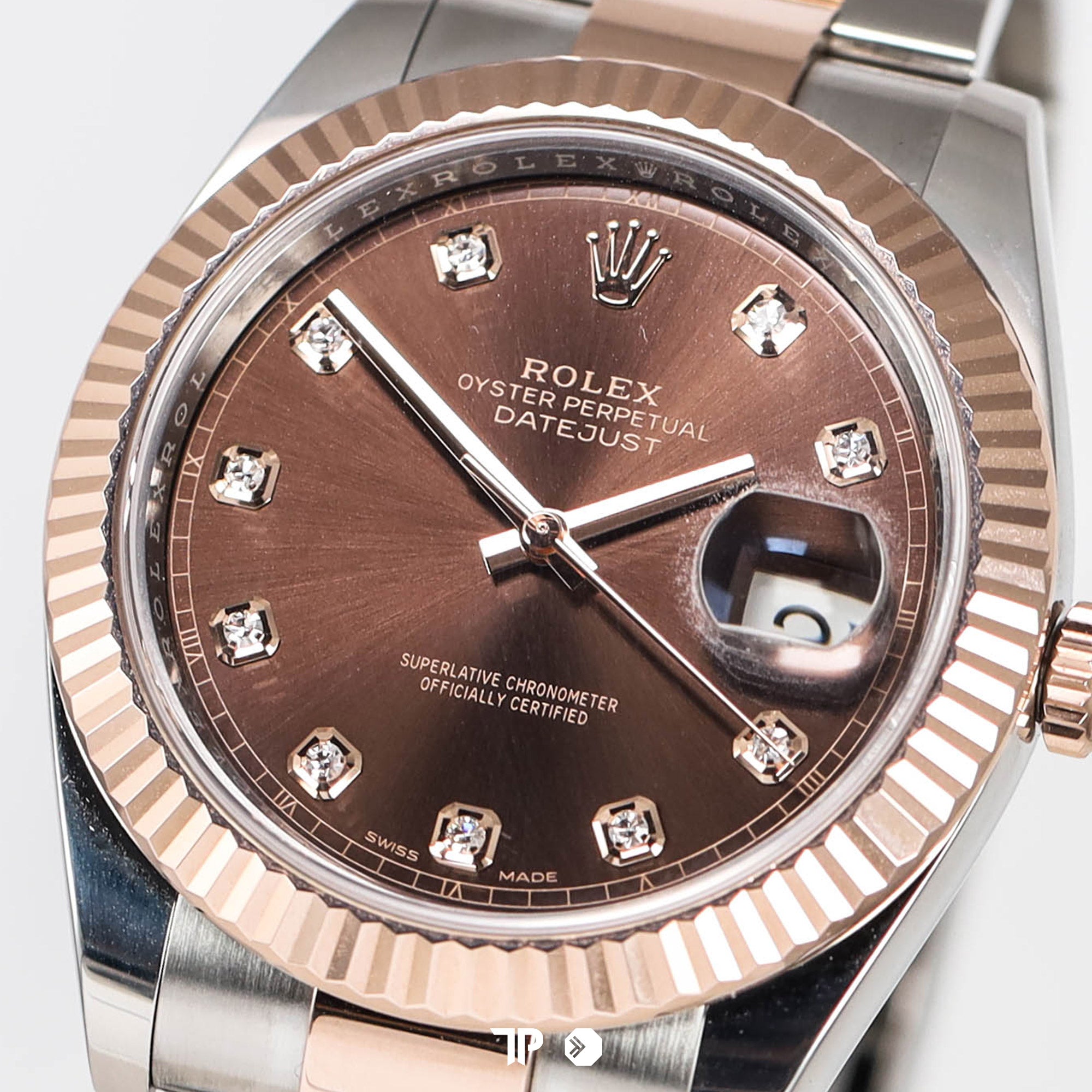 Datejust 41 Choco Dial Two Tone Rose Gold Fluted Bezel Diamond Index (2018)