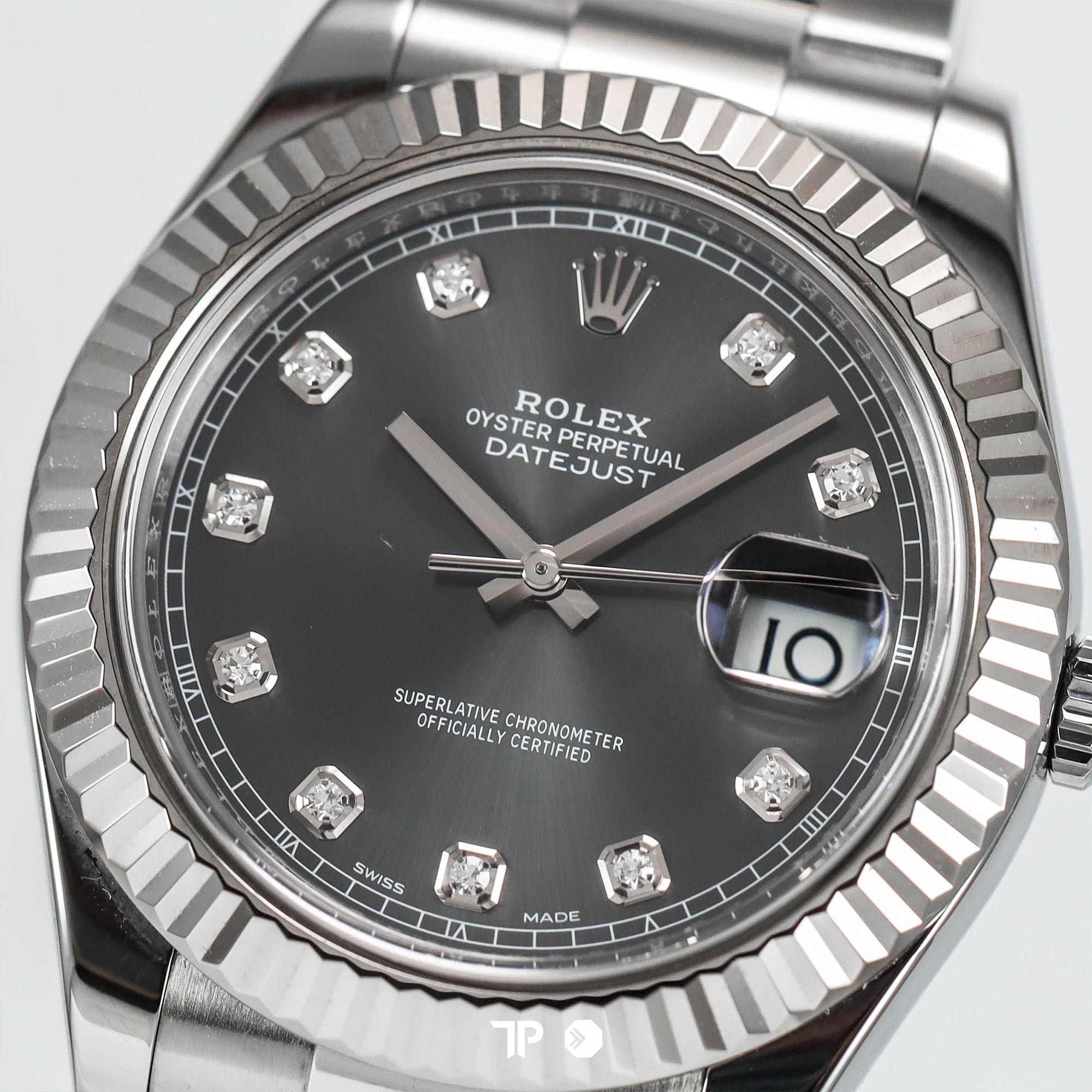 Datejust 41 Rhodium Dial Fluted White Gold Bezel Diamond Index (2016)